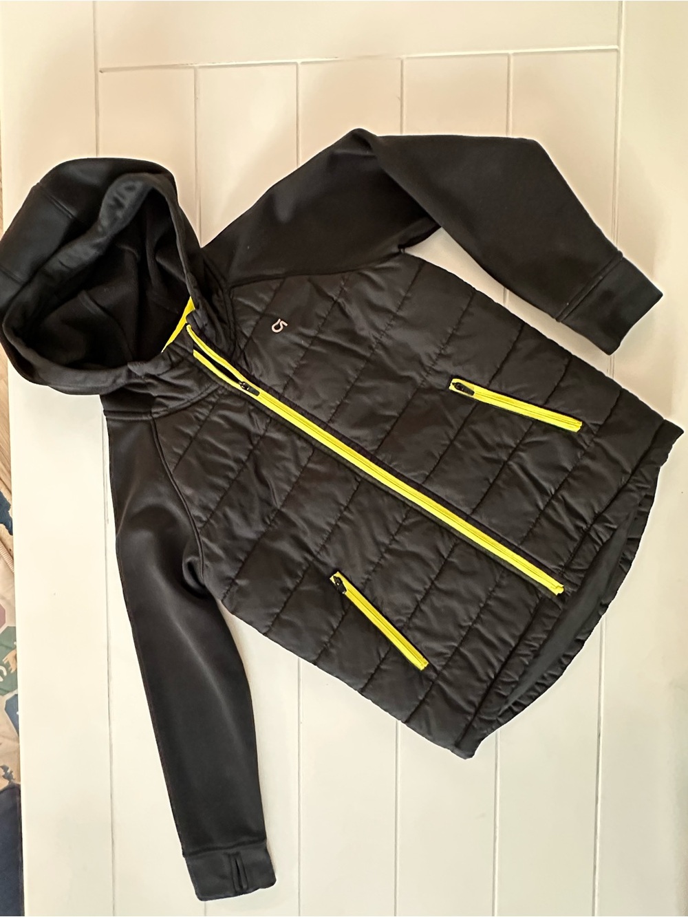 Gap Kids Black Hooded Puffer Jacket with Yellow Zippers